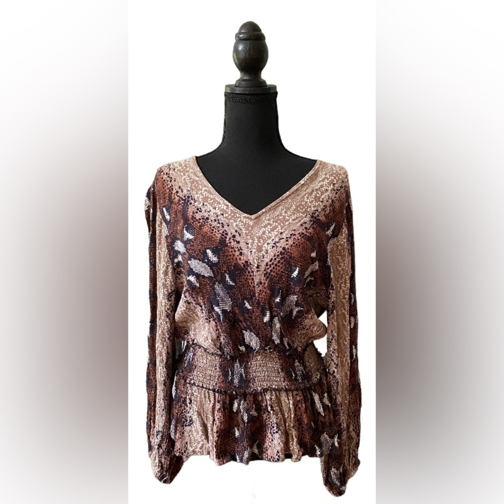 Angie: Brown, Black, Tan and White 100% Rayon Boho Snakeskin Blouse